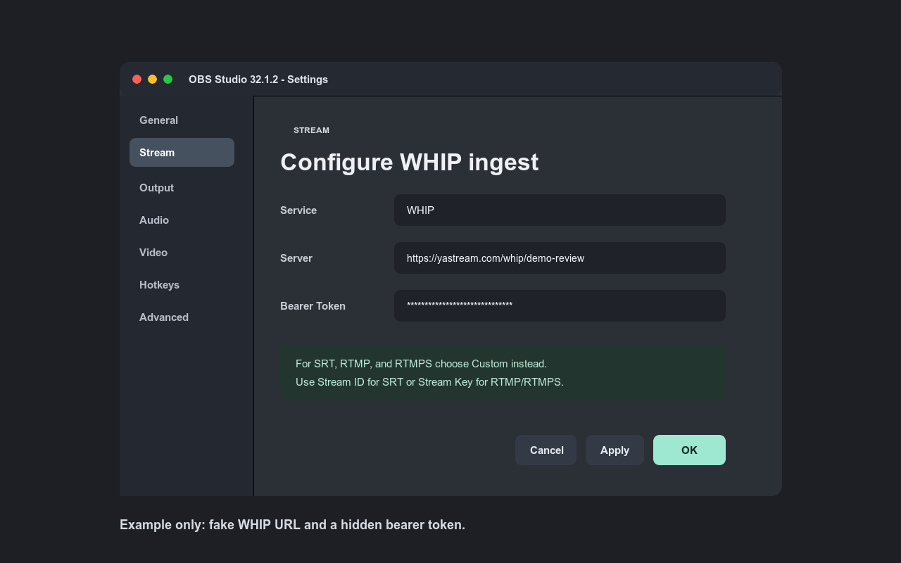OBS Stream settings with WHIP selected and yastream details entered.