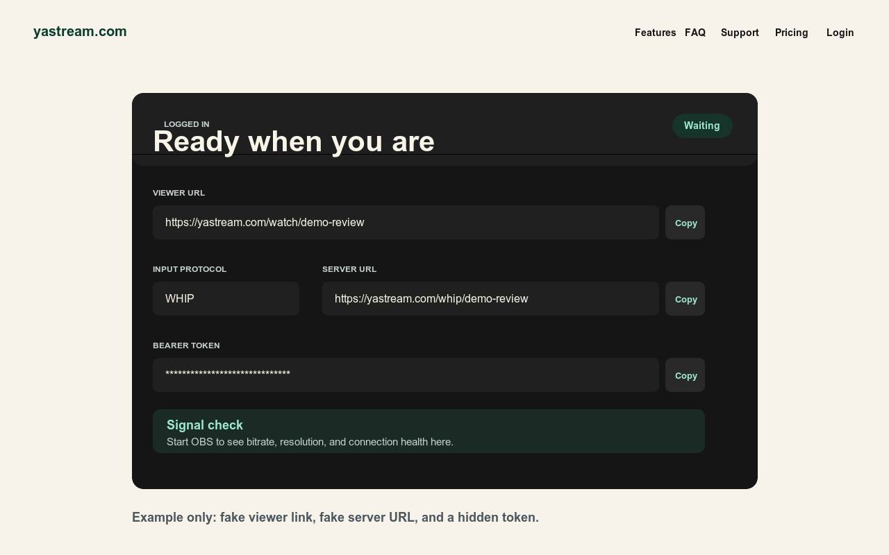yastream stream setup panel showing viewer URL, server URL, and hidden token.