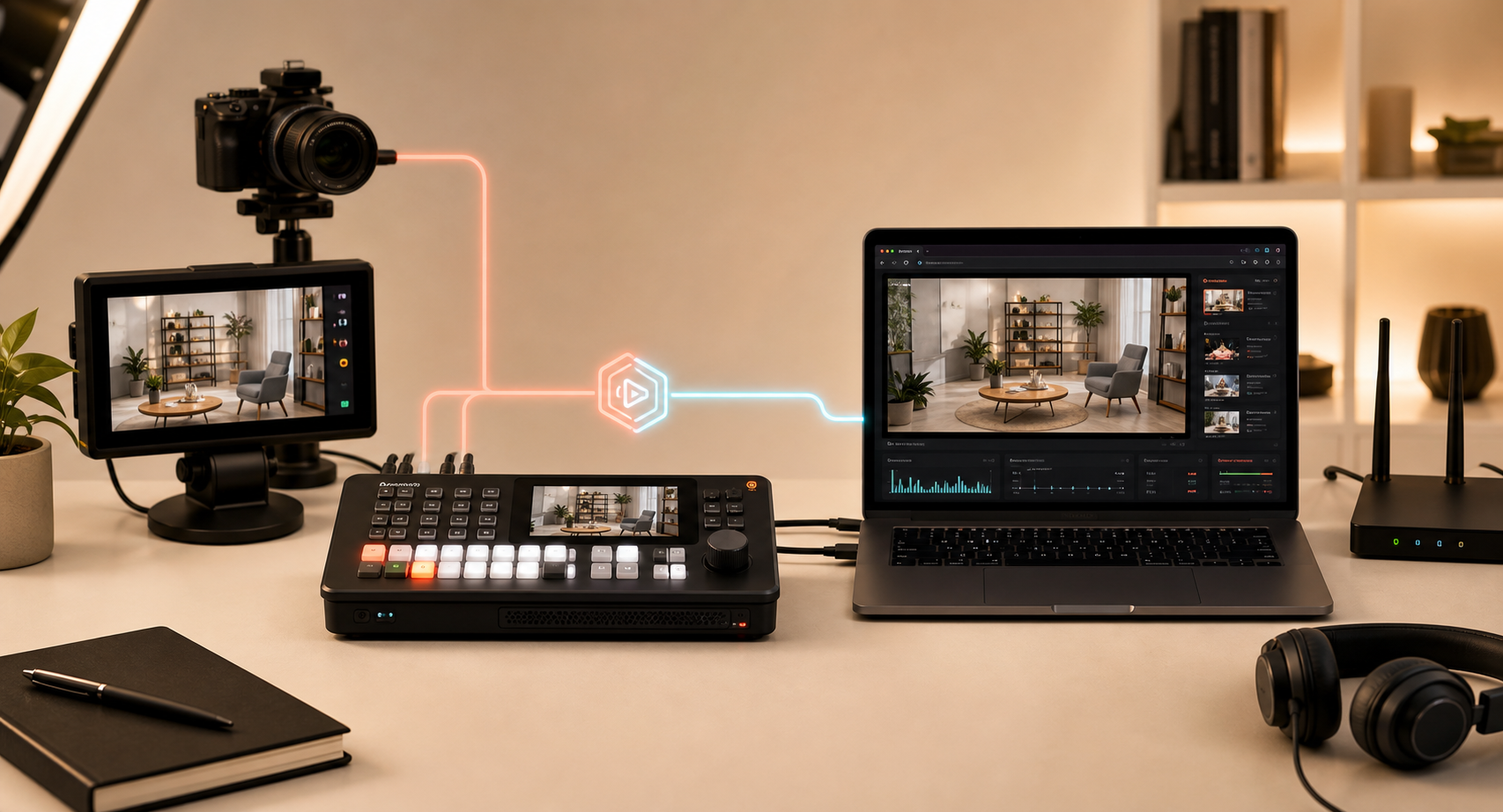 Professional streaming hardware connected to a browser based player.